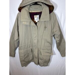 London Towne‎ Men's Beige Hooded Barn Coat Jacket removable Plaid Liner Size L